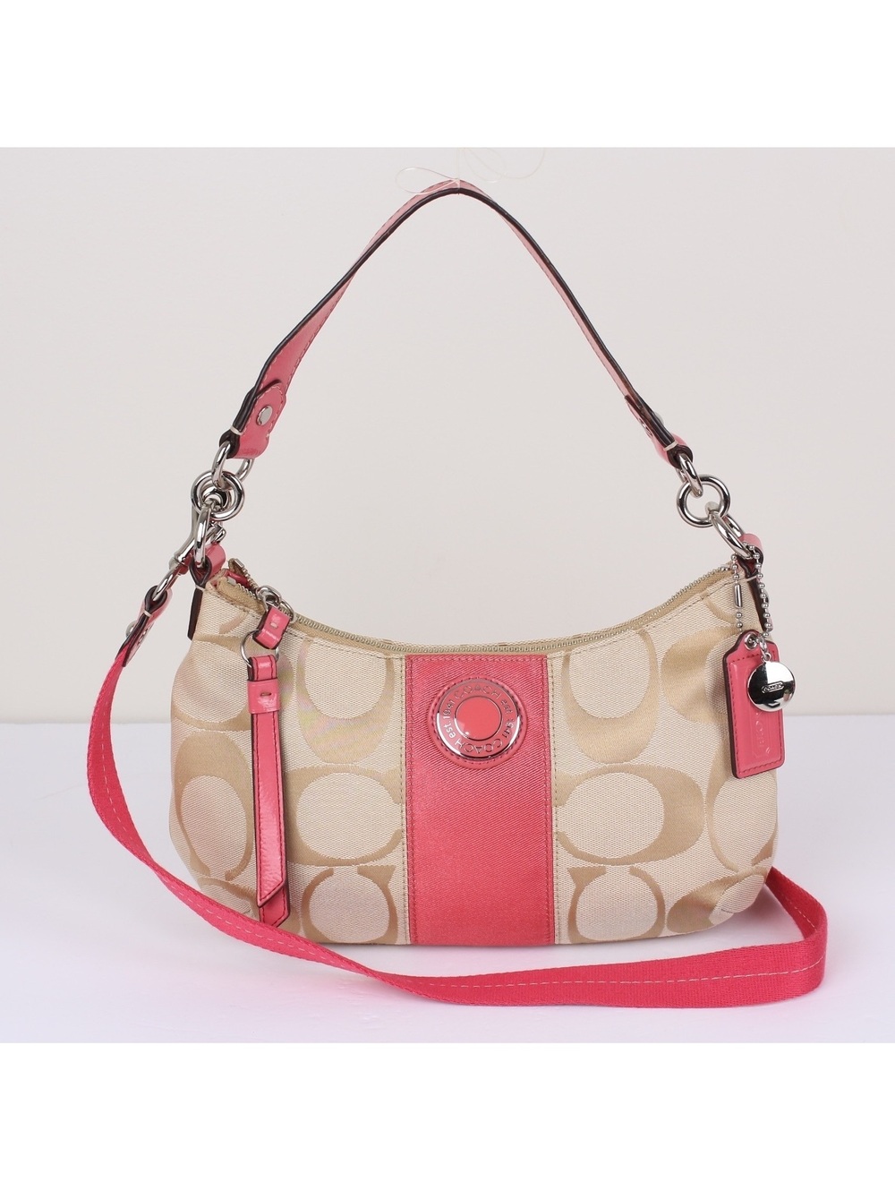Coach Signature Stripe Demi Shoulder Bag Handbag F19218 Beige Pink